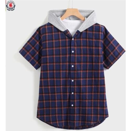 Fredd Marshall 2021 Summer New Vintage Plaid Shirt Men Short Sleeve Casual Hood Shirt 100% Cotton Shirt Male Brand Clothing 5100