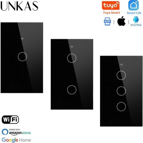UNKAS Glass Panel 1/2/3 Gang Tuya APP Touch Smart Wall Switch US Standard Google Home Null and Fire Line WIFI