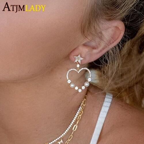 Christmas white cz star with sea pearl hollow cz charm heart lovely dangle earring Gold silver color trendy lover gift jewelry
