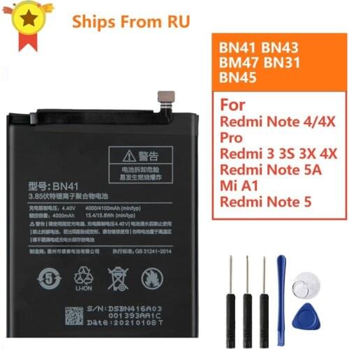 Original Battery BN41 BN43 BM47 For Xiaomi Redmi Note 4 Hongmi Note4 Pro Note4X MTK Helio X20 Redmi 3 3S Mi5X Note 5 BN31 BN45