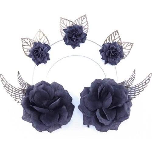 Gothic Black Gold Rose Wings Leaves Goddess Sun Halo Crown Headband Gorgeous Vintage Mary Baroque Tiara Headpiece