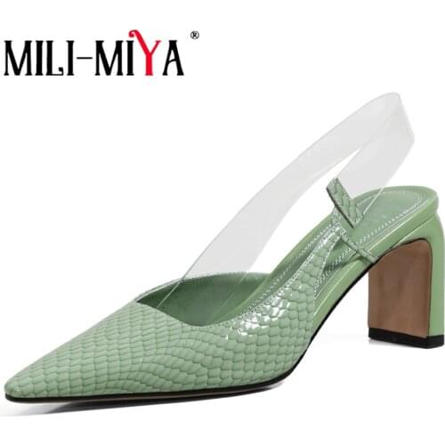 MILI-MIYA Fashion Sling Back Women Genuine Leather Pumps Pointed Toe Thick Heels Slip On Solid Color Plus Size 34-41 Dress Party