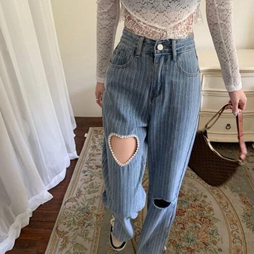 Hole hand-sewn pearl love womens jeans new wide-legged high-waist split loose straight long pants women