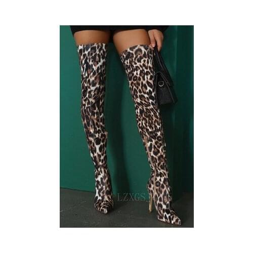2021High Heels Over The Knee Boots Women Sexy Leopard Stretch Thigh High Ladies Autumn Winter Long Boots Shoes Cuissardes