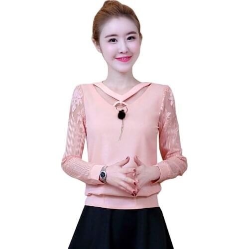 Womens Spring Autumn Style Chiffon Blouses Shirt Womens Solid Color V-Neck Hollow Out Mesh Korean Lace Tops DD9045