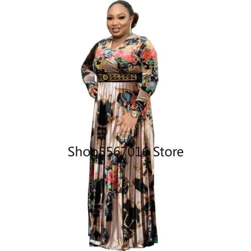 Women Long Sleeves Printed Dresses V-neck Hot Drilling Pleated High Waist Maxi Elegant Ladies Fashion African New Vestidos Robes
