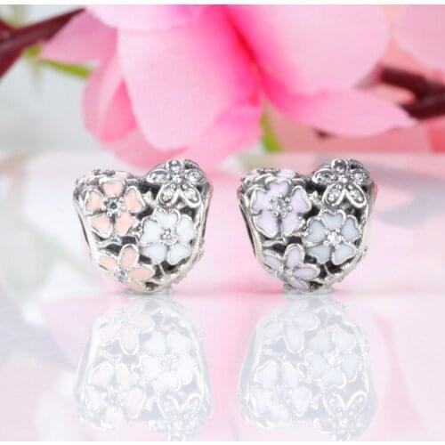 Bewill Valentines Day S925 Sterling Silver Hollow Inlaid Zircon Drop Oil Flower Heart-shaped Beads Fit Original Bracelets