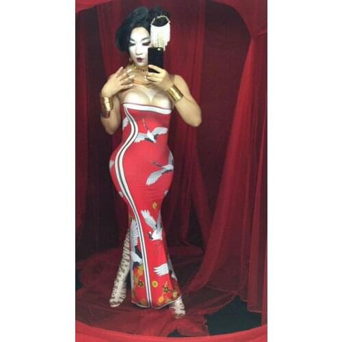 Women New High-end Nightclub Bar Singer DJDS Dance Team gogo3D Red Printed Crane Sexy Costume Party Celebration Birthday