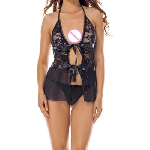 2018 Floral Lace Mesh Sexy Slip Women Black Halter Cut Out Backless Lingerie Transparent Sleepwear Full Slips S-XL