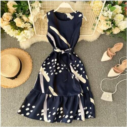 Vintage Slim Floral Print Ruffle 2020 Summer Midi Dress Party Bandage Women Casual Tank Sundress High Waist Vestidos