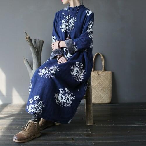 Women Warm Winter Fleece Cotton Jacquard Dress Ladies Floral Thick Dress Female Casual Retro Vintage Dress Robes