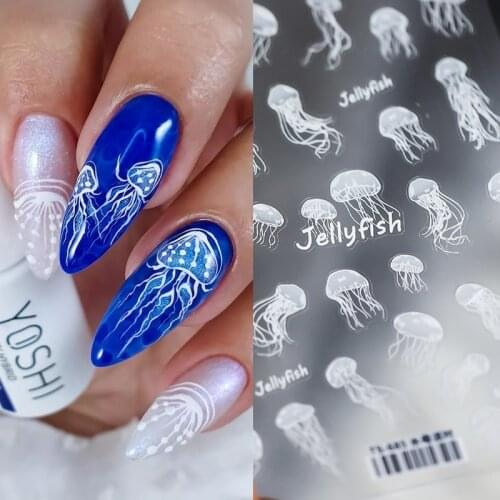 1sheet Jellyfish Nail Sticker Blue Ocean Art Stickers for Nails Shell Pearl Art Oceanside Adhesive Decals Bubble Art Stickers