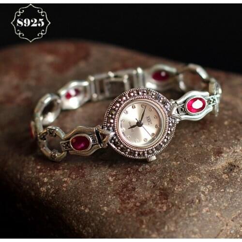Limited Edition S925 Pure Silver Watch Ruby-Corundum Classical Lady Thai Silver Bracelet Thailand Process Rhinestone Bangle
