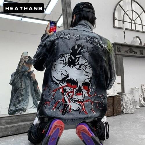 Retro Jean Jacket Mens Fashion Harajuku Skull Rock Vintage Gray Denim jacket Male Punk Streetwear Cowboy Hip Hop Men Denim Coat