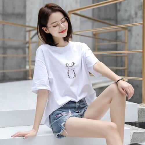 Short-sleeved T-shirt woman loose 2019 summer new pure cotton skin-friendly white printing letter