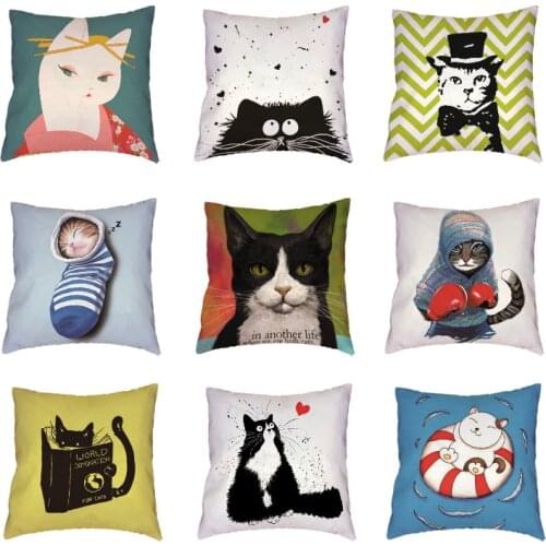 Hot Sale Boxing Cats White Throw Pillow Cases Geometric Patterns Printed Home Decor Cute Room Polyester Peach Skin Cushion Cover