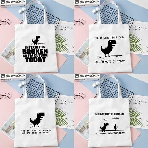 Internet Is Broken So I'm Outside Today Dinosaur Print Shoulder Bags Canvas Portable Shopping Bag Reusable Organizer Tote Pouch