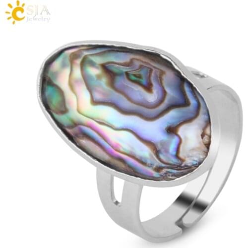 CSJA Small Size Natural Abalone Shell Ring Colorful Paua Shells Finger Rings Adjustable for Women Anniversary Party Jewelry F940