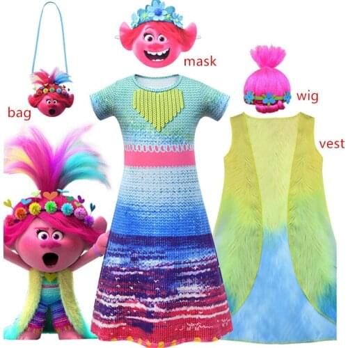 Fancy princess Poppy Easter Cosplay dress Xmas Halloween Costumes Girls Children Trolls 2 Costumes for Kids Suit Wig Bag vest