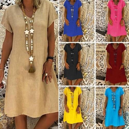Casual Women Summer Beach Loose Solid Color Linen Short Sleeve V Neck Dress