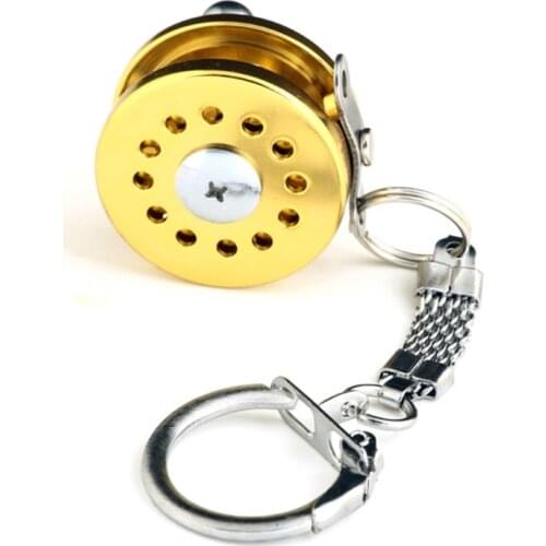 Mini Fly Fishing Reel Keychain Aluminum Alloy Golden Keyring Fishing Tool Gift for Fathers Day