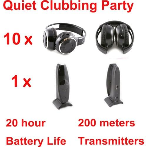 Silent Disco Headset system black folding wireless headphones - Quiet Clubbing Party Package (10 Headphones + 1 Transmitter)