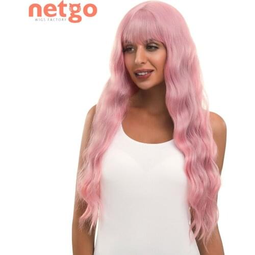 Netgo Long Wavy Synthetic Wig with Bangs Pink Blonde Wave Wigs Heat Resistant Fake Hair for Black White Women Cosplay Costume