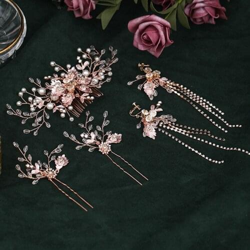New bride handmade wedding headdress rhinestone alloy leaf hairpin wedding dress hair comb set accessories
