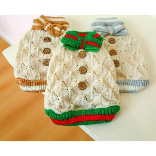 Pet Dog clothes for small dogs cat Autumn and winter warm wooden buckle bow dog clothes Cat clothing hollow knitted dog sweater