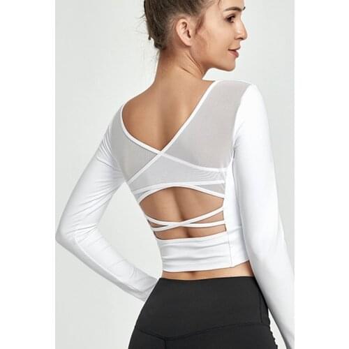 Sexy Yoga Top with Built In Bra Quick Dry Crop Top Workout Shirts White Long Sleeve Sports Top Mesh splice Fitness Shirt