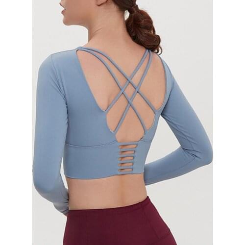 Blue Yoga Shirts Workout Open Back Top Long Sleeve Crop Top Women Spring Autumn Gym Cross Back Sports Shirt Short Sleeve Summer