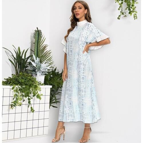 Plus Size Loose Chiffon Blue Sky Print Flare Sleeve Dress