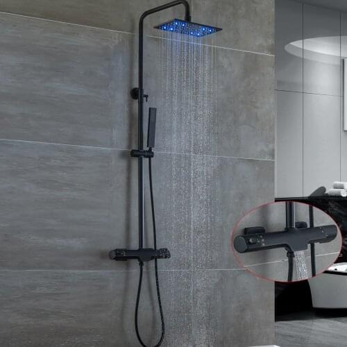 Thermostatic Bathroom Shower Faucet Set 12X8 Inch Temperature Sensitive LED Rain Shower Head Exposed Black Bath Mixer