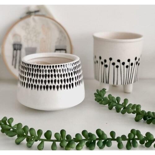 Ins Creative Nordic Style Hand-painted Lines Simple Cone-shaped Ceramic Flowerpot Desktop Ground Succulent Cactus Plant Potted