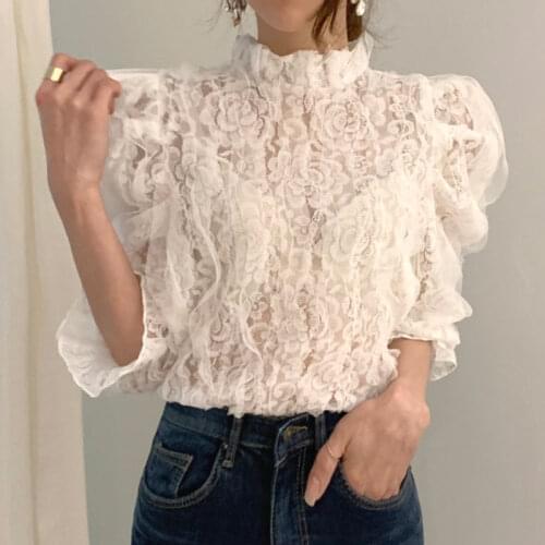 Vintage Korean Stand Collar Lace Mesh Blouse Women 2021 New Nine Quarter Sleeve Elegant Lady Solid Sweet Clothing Blusas 11G