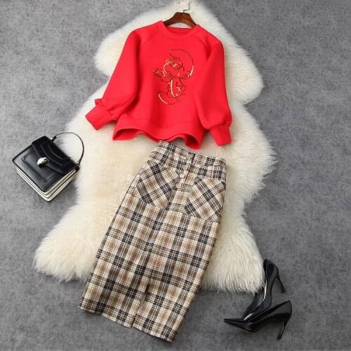 European and American womens clothing 2021 New Style for Spring Long sleeves cartoon sequin hoodie plaid skirt Fashion suits