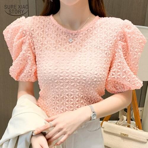 Breathable Slim Solid Shirt Lady Puff Sleeve Top 2021 Summer Short Sleeve Chiffon Blouses Women Hollow Shirts Blusas Mujer 15532