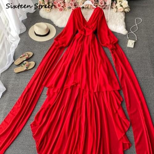 Maxi Dresses for Women V Neck Red Korean Clothing Women Vintage Vestido De Mujer Sexy Dress Female Long Sleeve Luxury Fashion