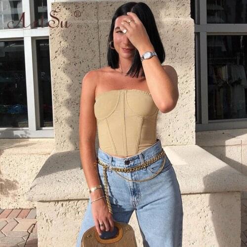 ArtSu Women Sexy Slash Neck Strapless Corset Top Summer Khaki Black Tank Tops 2021 Female Slim Cropped Streetwear Top