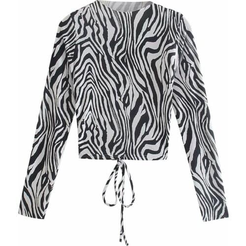 Evfer Women Spring Summer Fashion Zebra Print Back Lace Up Za Short Tops Chic Lady Sexy Backless Long Sleeve High Collar Shirts