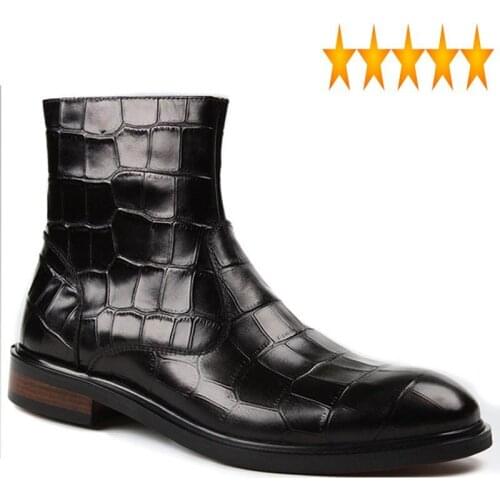 Crocodile 2021 New British Style Pattern Genuine Leather Men Business Casual Dress Shoes Round Toe Cowskin Boots