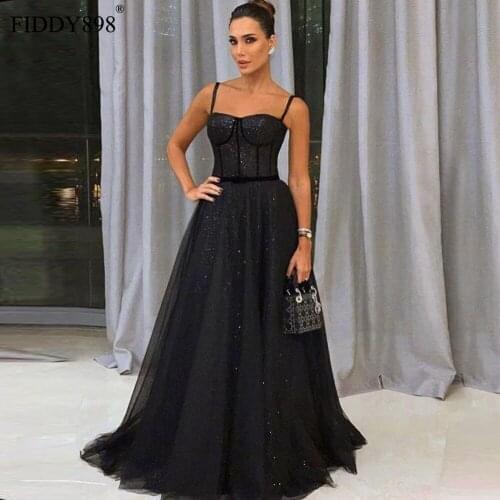 Black Evening Dresses 2020 Sweetheart Spaghetti Straps A-Line Glitter Tulle Prom Dresses Formal Evening Gown Vestido de Fiesta