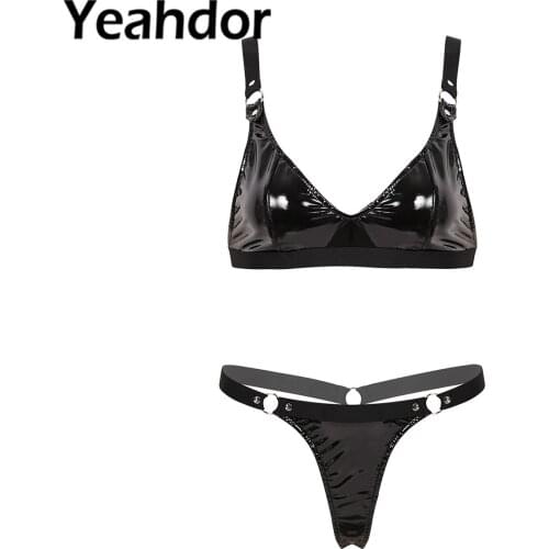 Women Wet Look Patent Leather Bikini Lingerie Set Elastic Shoulder Straps Bra Top with Mini G-string Thong Underwear Clubwear