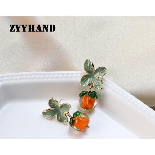 Enameled Leaf Colored Glaze Women Drop Earring Girl Multi Color Romantic Golden Fruit Lady Jewelry