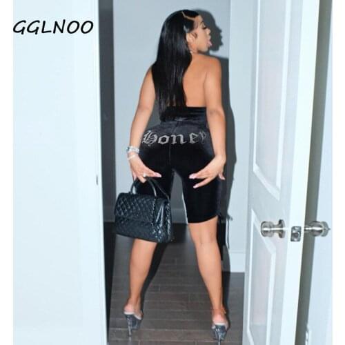 GGLNOO Rhinestone Velvet Cut Out Halter Rompers Backless Drawstring Bodycon Biker Playsuits Shorts Black Letter Print Sporty