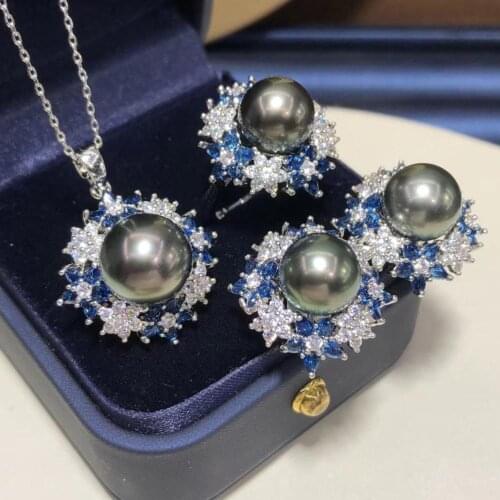 D605 Pearl Set Fine Jewelry Round 10-12mm Zircons Nature Sea Water Tahiti Black Pearls Jewelry Sets for Women Presents
