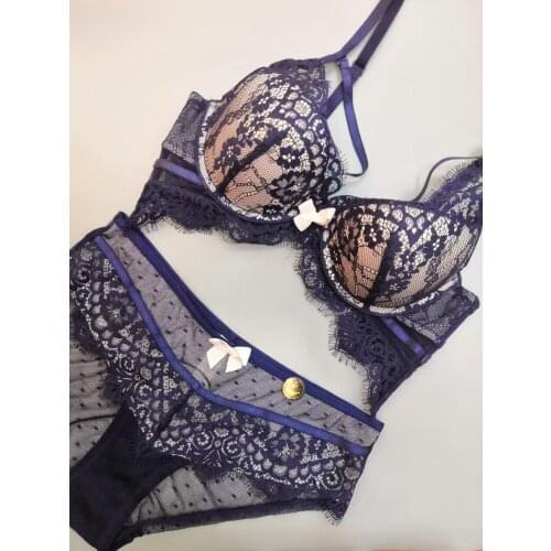 Push Up Lace Bra Panty Set Sexy Stereotype Cup Upper Thin and Thick Embroidered Underwear Set Plus Size Bow Women Lingerie