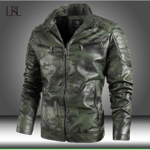 Leather Jacket Men Winter Fleece Motorcycle PU Leahter Jacket Man Camouflage Military Stand Collar Windbreaker Casual Slim Coat