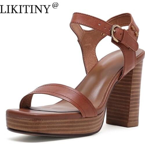 LIKITINY 2021 Summer Chunky heels genuine leather Sandals Concise Leisure Buckle strap Retro Peep toe Womens shoes size 33