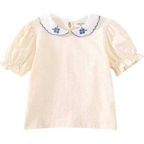 DFXD Toddler Summer Girl T Shirt Kids Cotton Clothing Casual Embroidery Peter Pan Collar T-shirt 1-5T Baby Girls Tops Outfits